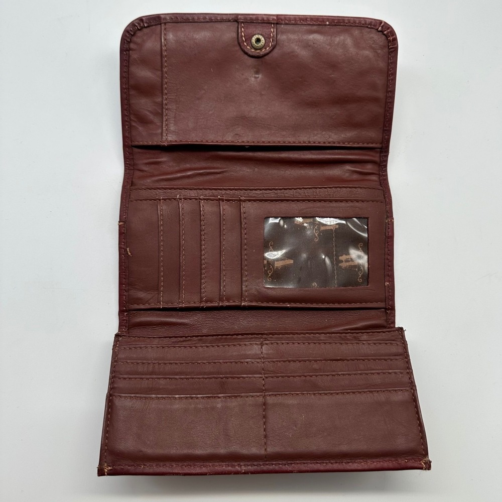 American West Wallet Burgundy Brown Floral Tooled Studded Leather Trifold - Picture 5 of 11